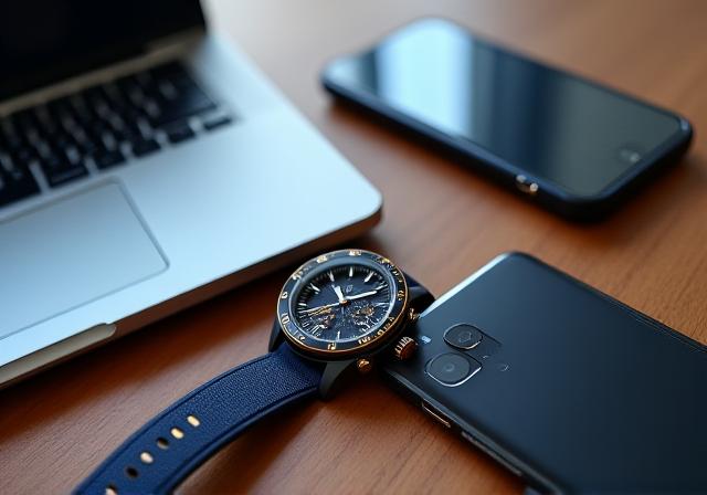 Illustratie van een horloge naast een laptop, waarschuwend voor magnetisme